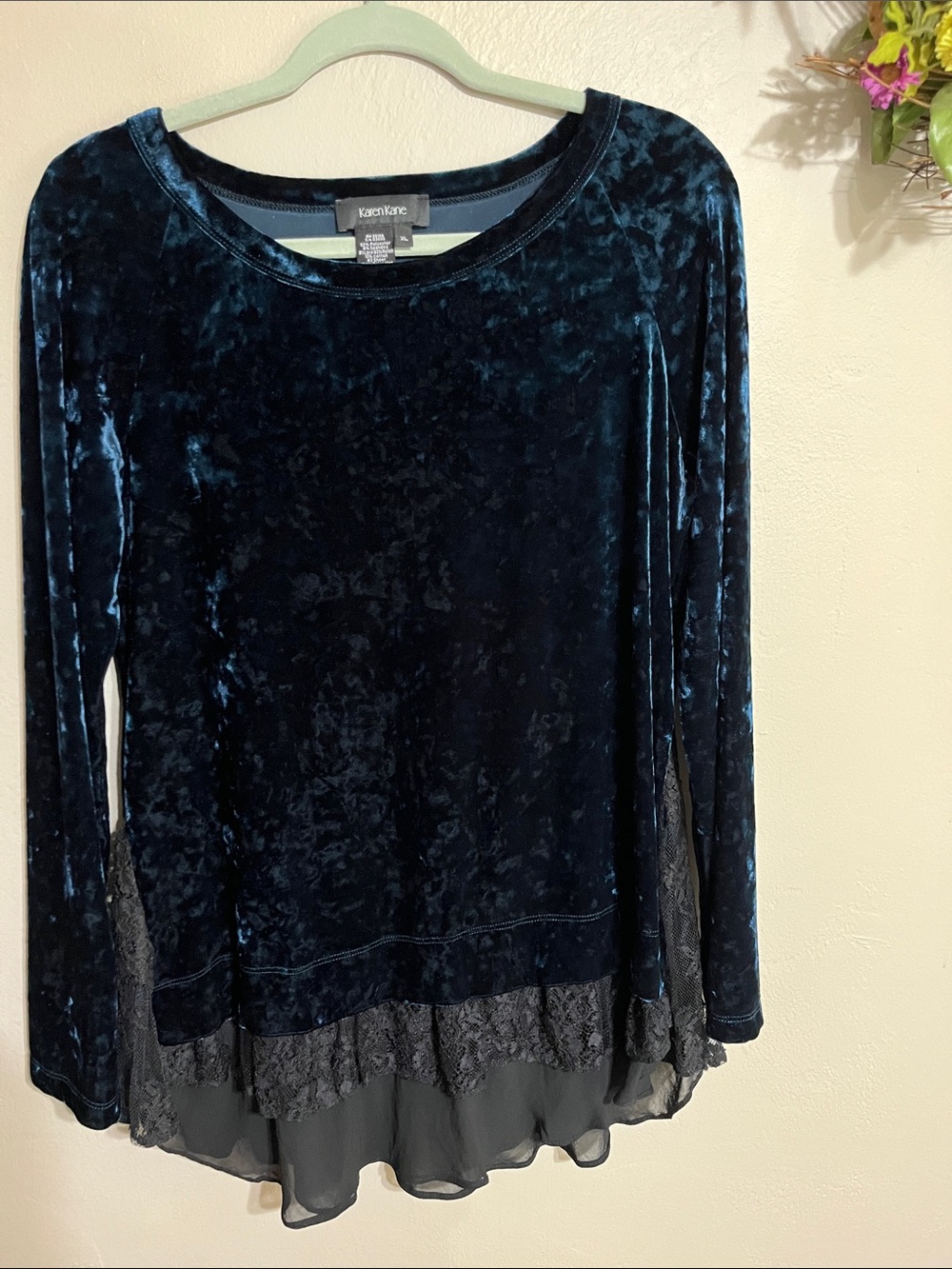 Karen Kane Midnight Blue Velvet Long Sleeve Top with Lace & Chiffon Hem